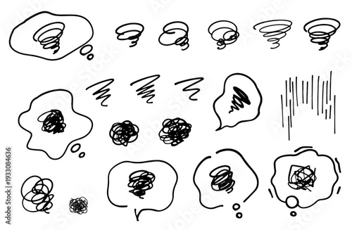 もやもや・ぐるぐる悩む気持ちを表す吹き出しとマーク。くしゃくしゃと線が絡まったアイコンセット。