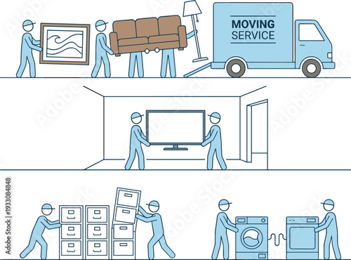 Moving service illustration showing professional movers transporting furniture, appliances and household items during relocation and home moving process