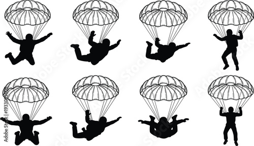 Parachuting skydiver silhouette collection featuring parachute jump poses and airborne extreme sport action figures in dynamic vector illustration style