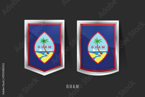 Detailed 3D vector illustration of Guam flag badges. Glossy metallic shields featuring the red-bordered blue field with the central seal depicting Agana Bay and a traditional flying proa
