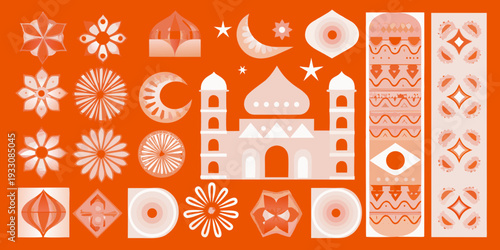 A collection of orange and white geometric and floral decorative elements