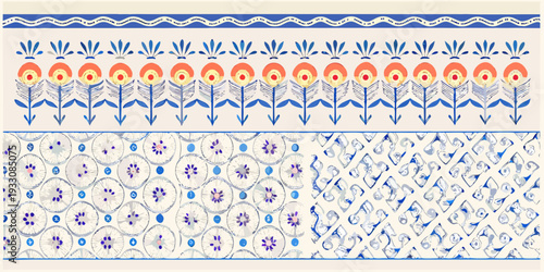 Decorative blue and orange floral and geometric textile pattern repeat