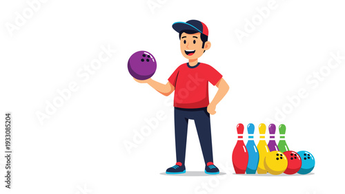 Enthusiastic boy in a red shirt holding a bowling ball and preparing to strike pins in an indoor bowling alley sports game.