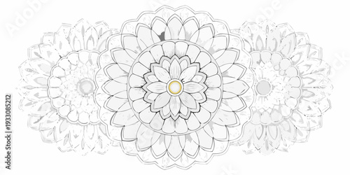 Intricate floral arrangement with three blooming flowers in grayscale