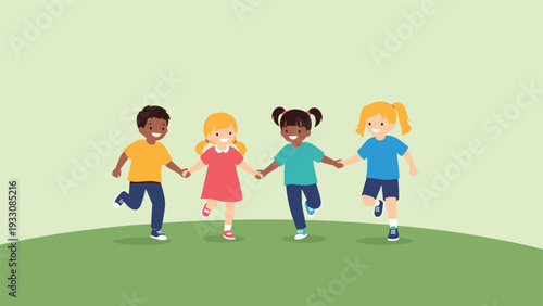 Diverse group of four happy children holding hands and running on a green hill symbolizing friendship, unity and childhood joy.