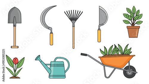 Complete set of gardening equipment icons including a shovel, sickle, rake, watering can, wheelbarrow and potted plants.
