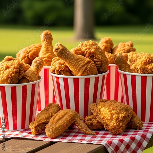 Fried Chicken in Red White Striped Buckets.