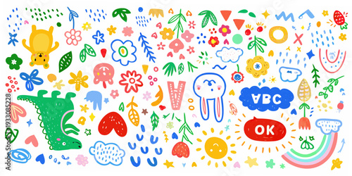 Wallpaper Mural Colorful doodle collection featuring animals shapes and playful illustrations Torontodigital.ca