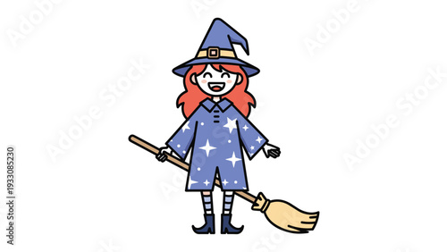 Smiling young girl in a witch costume with a pointed hat and star patterned robe standing with a wooden broomstick for Halloween.