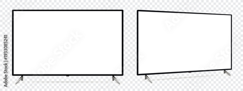 Smart tv mockup. Front and side view with white empty screen on transparent background.