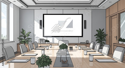 Modern conference room with a large screen and presentation.