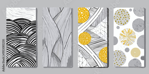 Four abstract panels featuring organic shapes and geometric patterns