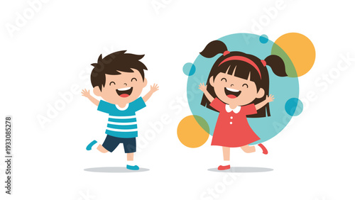 Two happy children, a boy and a girl, jumping with excitement and joy against a colorful abstract circular background.