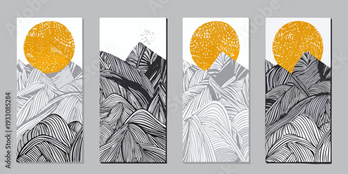 Abstract mountain landscapes with textured suns in a series of panels
