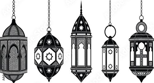 Traditional Arabic Lantern Icon Set Featuring Ornate Islamic Hanging Lamps for Ramadan Kareem, Eid Mubarak Celebrations, Cultural Decorations, and Middle Eastern Vector Illustrations