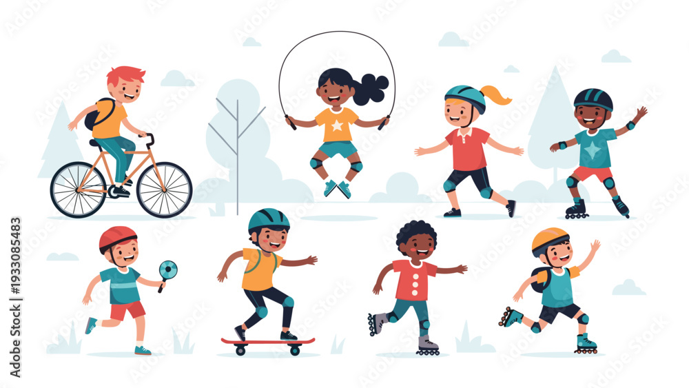 Fototapeta premium Diverse group of happy children enjoying various outdoor activities including biking, roller skating, skateboarding, and jumping rope.