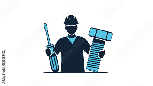 Industrial worker silhouette wearing a hard hat and holding a screwdriver and a massive bolt representing manual labor and repair.