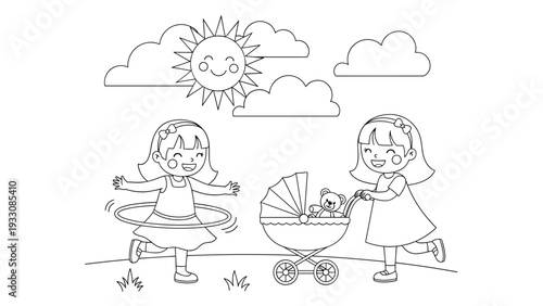 Line art drawing of two young girls enjoying outdoor play with a hula hoop and a doll stroller in a sunny garden setting.