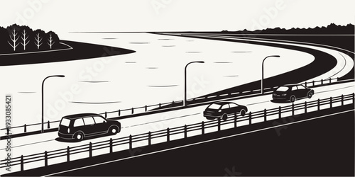 Aerial view of a highway with multiple lanes and vehicles traveling in both directions Vector