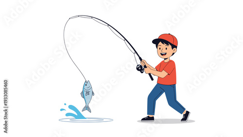Happy young boy in a red shirt and cap successfully catching a fish with his fishing rod while standing near the water.