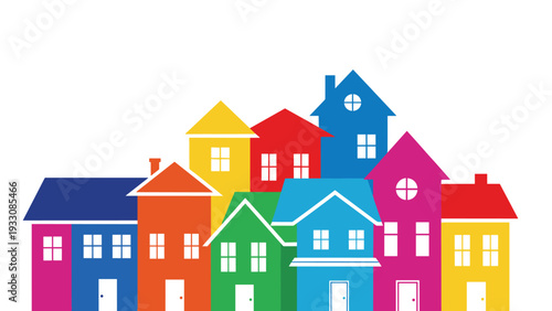 Row of colorful and vibrant house icons stacked together representing a diverse neighborhood community or real estate market.