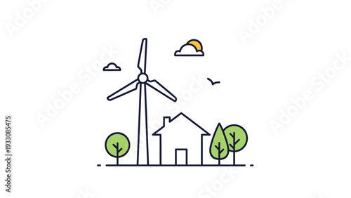 Sustainable living concept featuring a wind turbine and a small house surrounded by green trees in a clean line art style.
