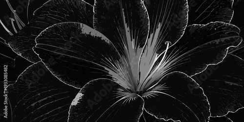 Dramatic black and white close up of a lily flower in full bloom