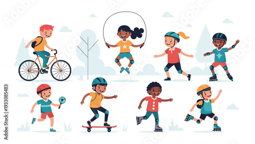 Diverse group of happy children enjoying various outdoor activities including biking, roller skating, skateboarding, and jumping rope.
