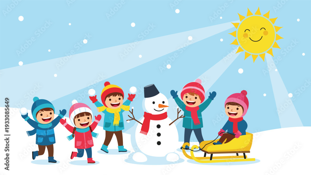 Fototapeta premium Joyful group of happy children playing in a snowy landscape building a snowman and sledding under a bright yellow sun.