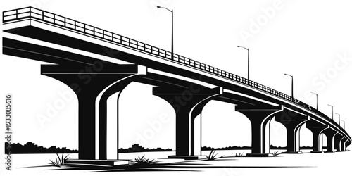 A large bridge spanning over a river with multiple cars and trucks traveling on it. Vector