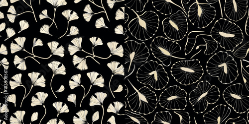 Elegant botanical pattern featuring delicate ginkgo leaves on a black background