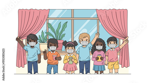 Group of school children of different ethnicities wearing medical face masks while standing together in a room with a large window.