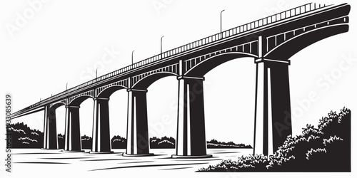 An intricate multi-arched bridge spanning over a river with supporting pillars. Vector