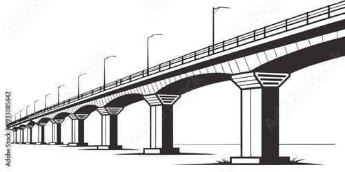 A detailed illustration of a multi-arched bridge spanning over a river. Vector