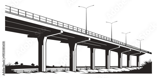 A large, elevated bridge spanning over a busy highway with multiple lanes of traffic. Vector