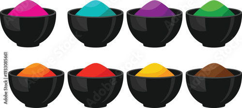 Illustration of eight black bowls filled with vibrant powders in pink, cyan, purple, green, orange, red, yellow, and brown, symbolizing festival, art, and celebration