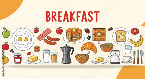 Breakfast Food Items Flat Design Vector Illustration Set. Morning Meal Collection Banner Background. Healthy Eating Icons.