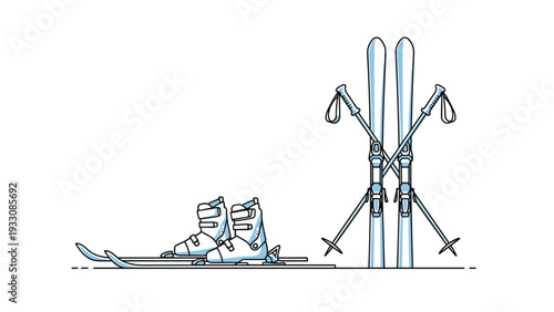 Minimalist illustration of winter sports gear featuring a pair of skis, crossing poles, and a set of professional ski boots.