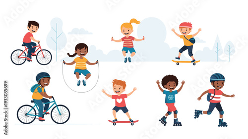 Active children enjoying various outdoor sports and games including cycling, jumping rope, skateboarding, and rollerblading in a park.