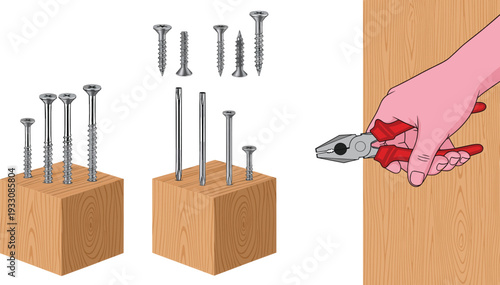 Nails screws and pliers woodworking tools hardware construction vector illustration set