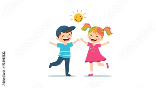 Two happy children, a boy and a girl with rainbow hair, jumping with excitement and joy under a smiling yellow sun.