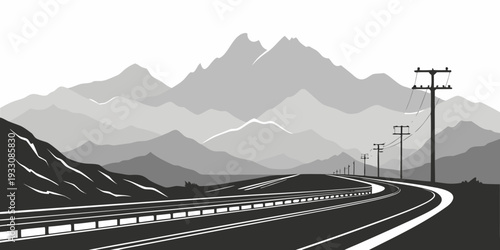 A winding road stretches into the distance, surrounded by majestic mountains and a clear sky. Vector