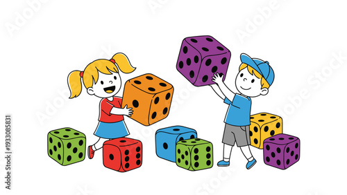 Young boy and girl having fun playing with giant colorful toy dice representing learning games and early childhood education.