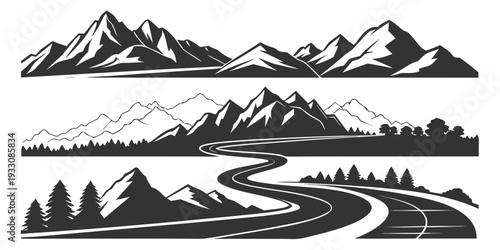 A serene landscape featuring majestic mountains and a winding road Vector