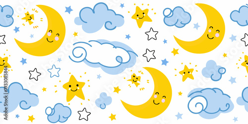 Cute cartoon pattern featuring moons stars and happy clouds