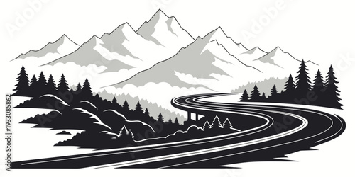 A serene mountain landscape with winding roads and lush greenery. Vector