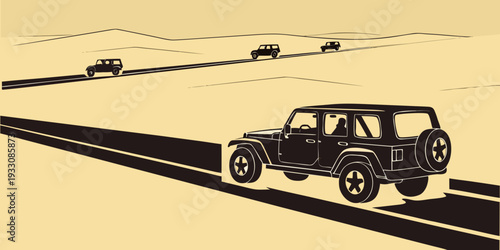 Vintage cars racing on a straight road with a mountain backdrop Vector