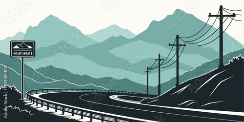 A serene landscape of mountains, trees, and a winding road under a clear sky. Vector