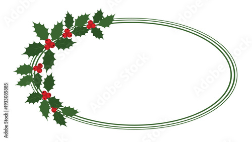 Elegant oval border frame adorned with green holly leaves and clusters of red berries perfect for holiday or seasonal designs.