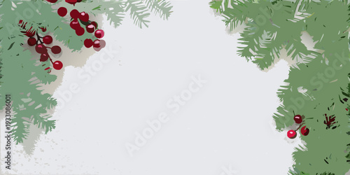 Festive holiday border with evergreen branches and vibrant red berries
